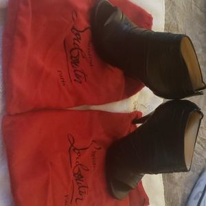 Black leather peep toe booties